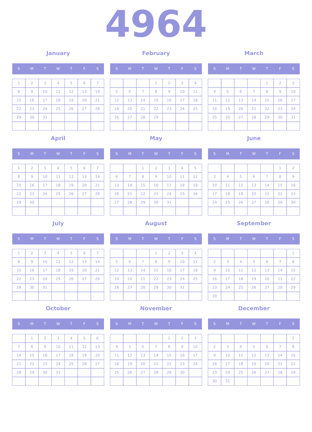 Printable 4964 Year Calendars periwinkle