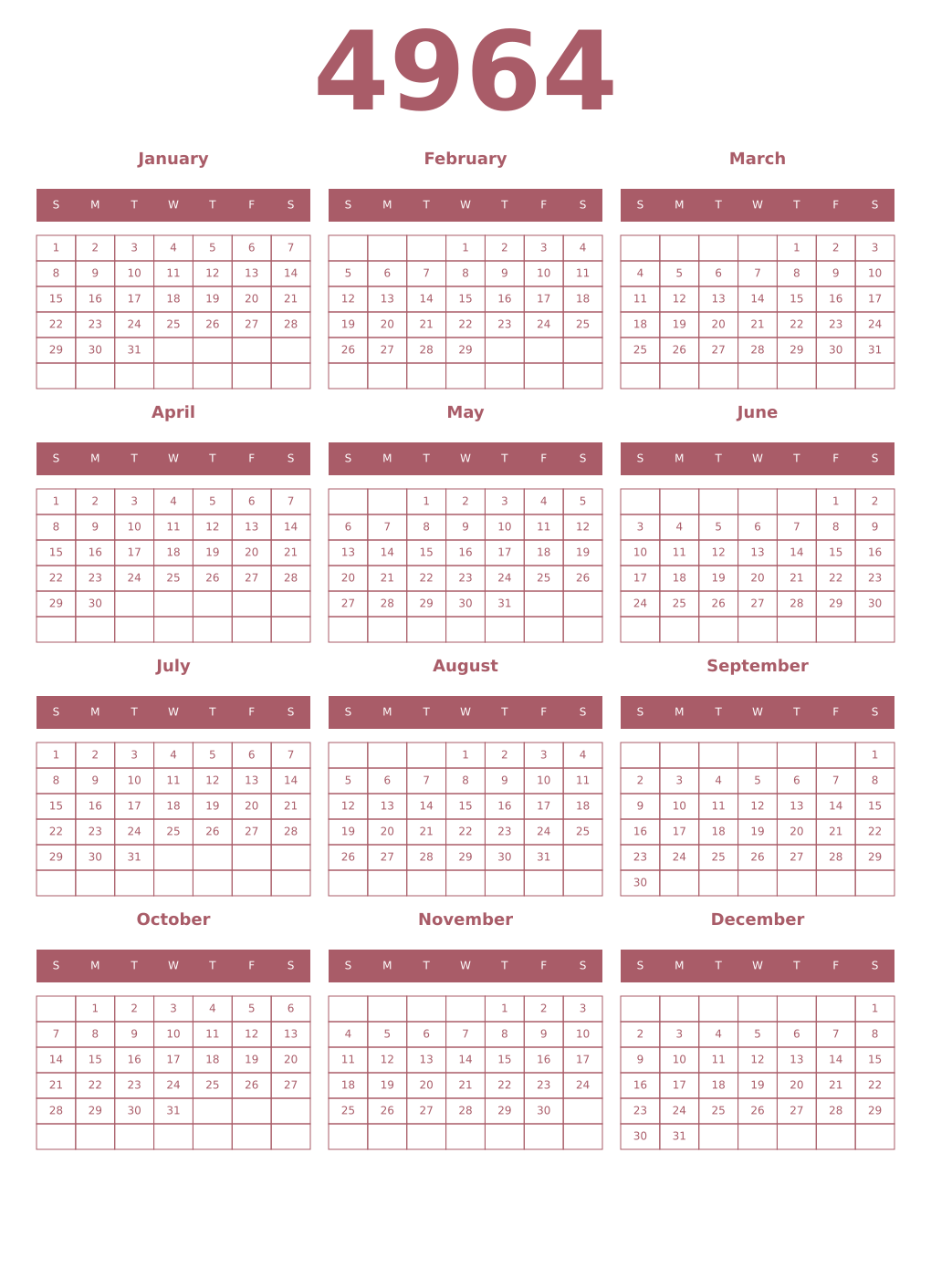 Printable 4964 Year Calendars puce