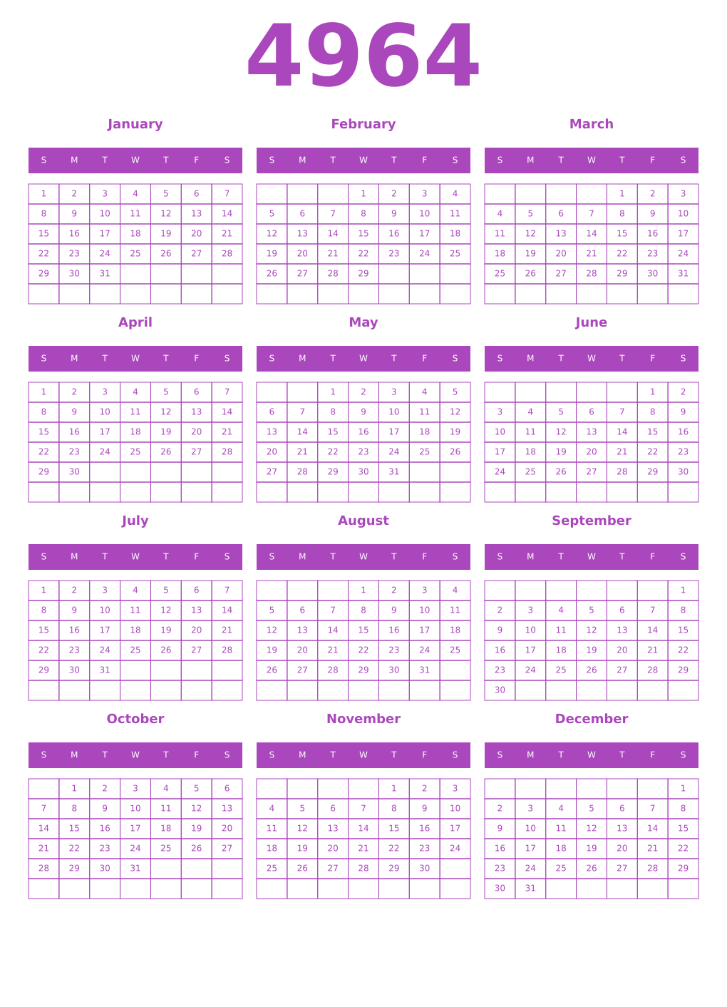 Printable 4964 Year Calendars purple
