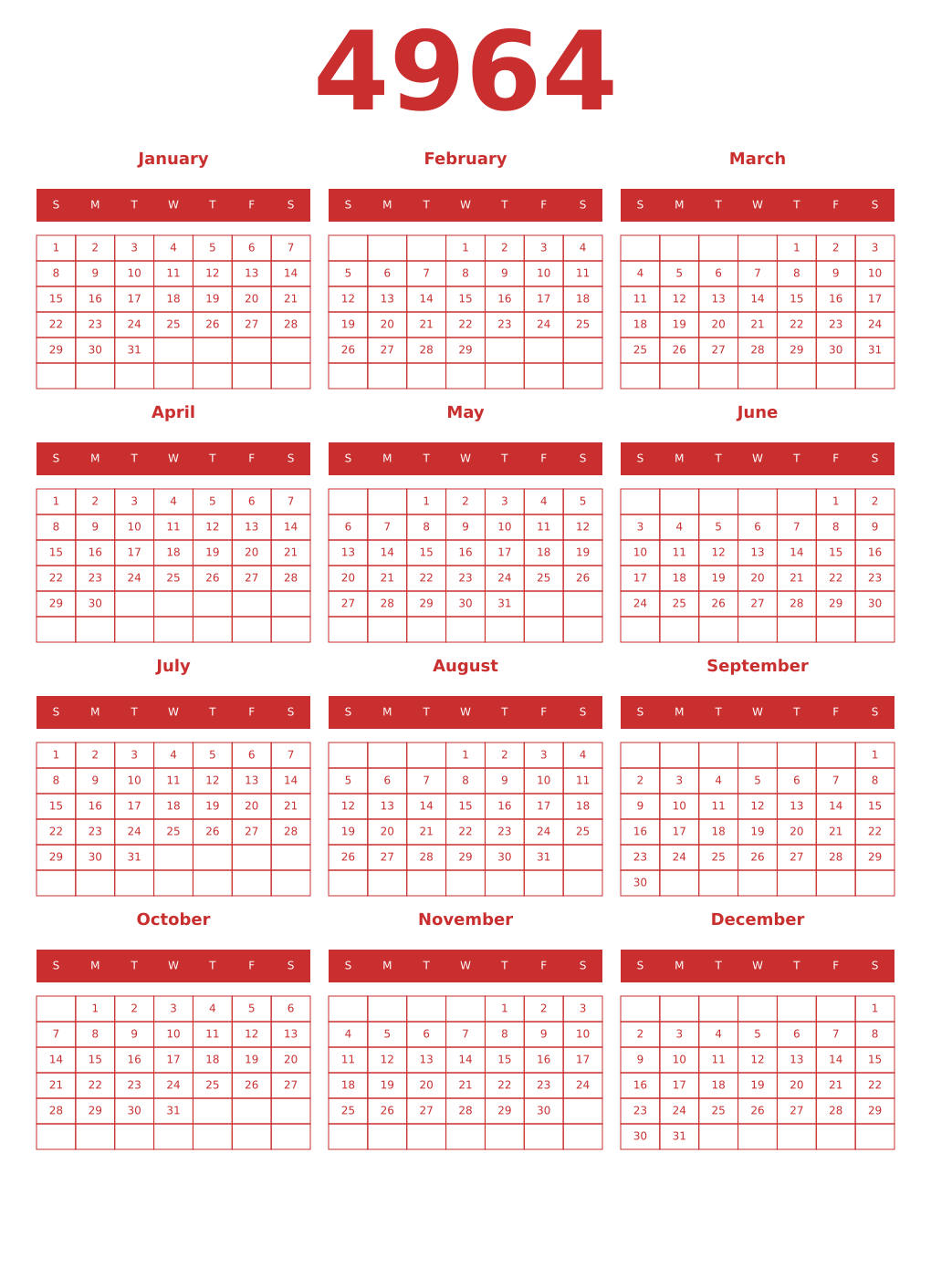 Printable 4964 Year Calendars red