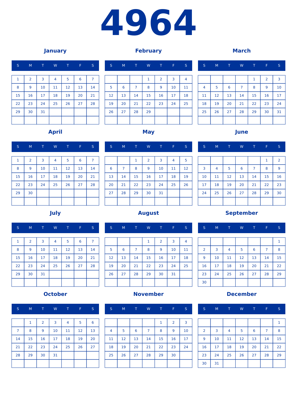 Printable 4964 Year Calendars smalt
