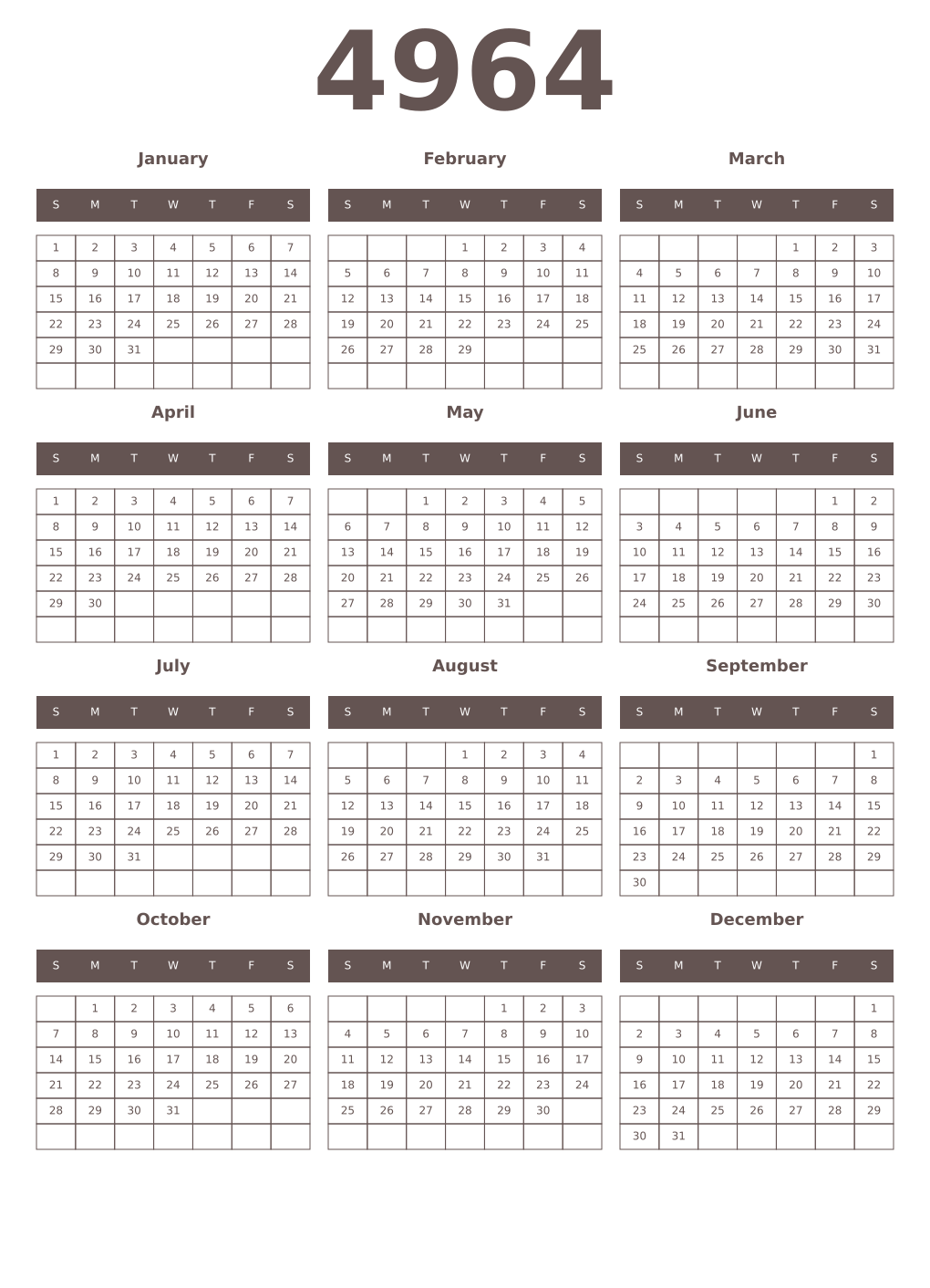 Printable 4964 Year Calendars wenge