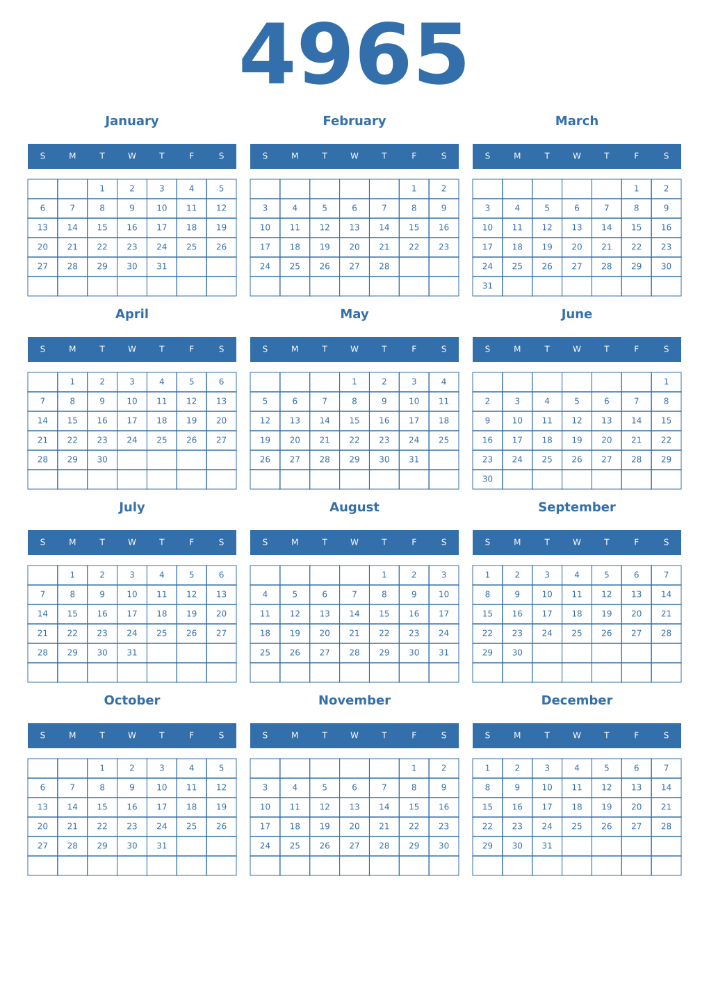 Printable 4965 Year Calendars blue