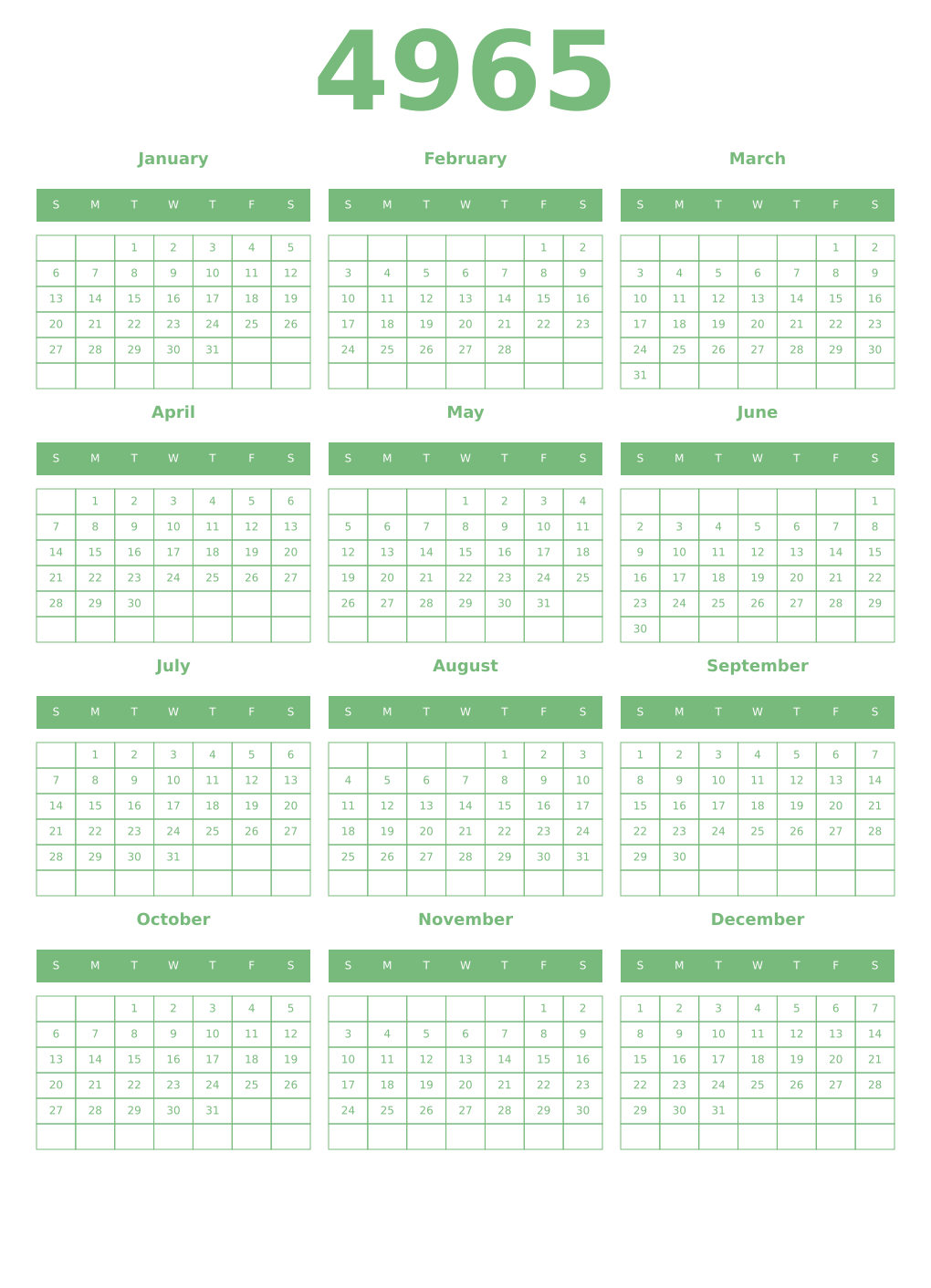 Printable 4965 Year Calendars celadon