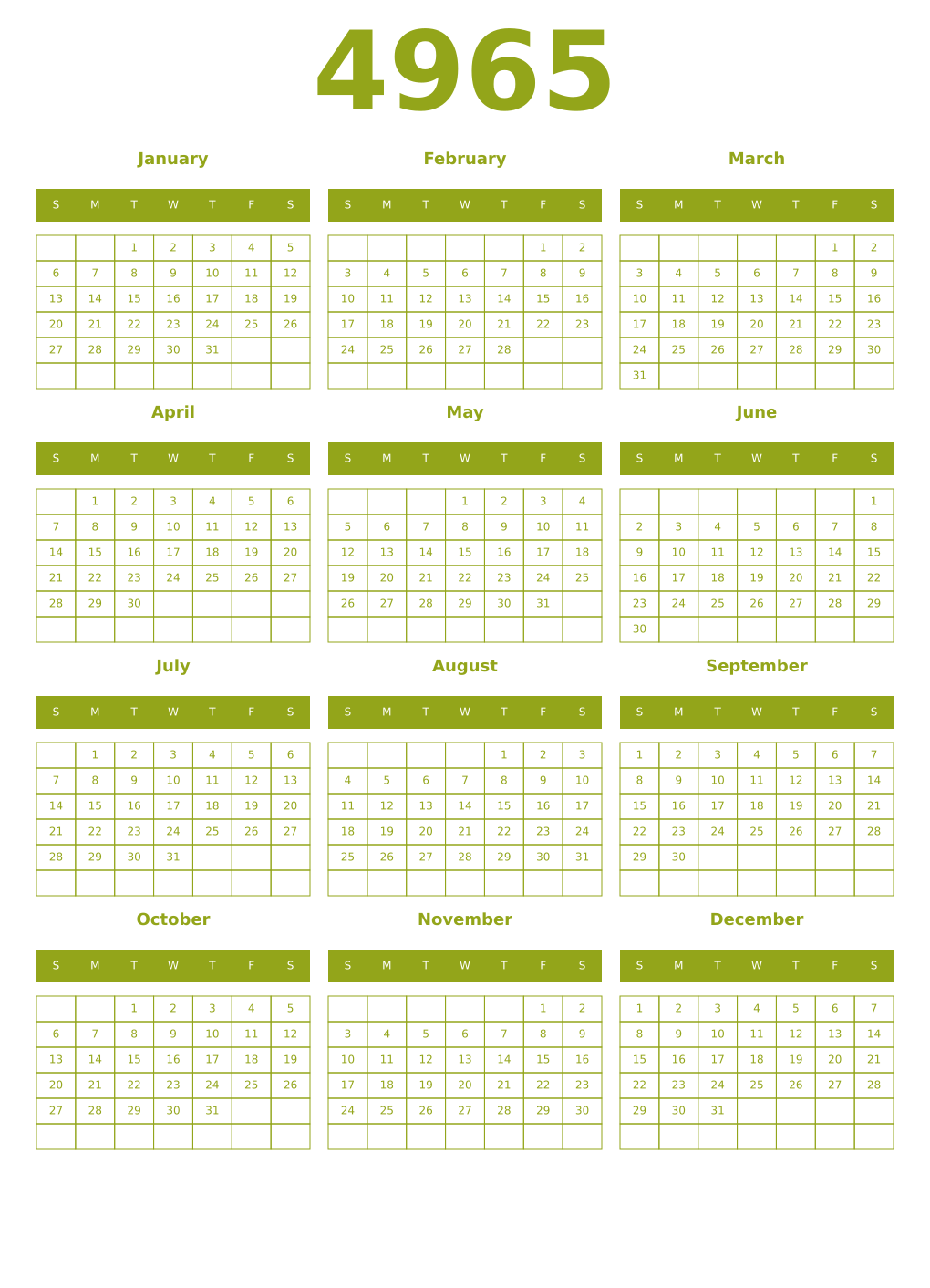 Printable 4965 Year Calendars chartreuse