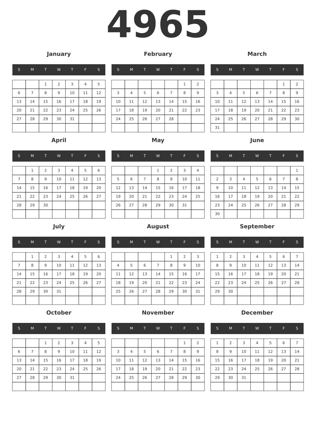 Printable 4965 Year Calendars dark