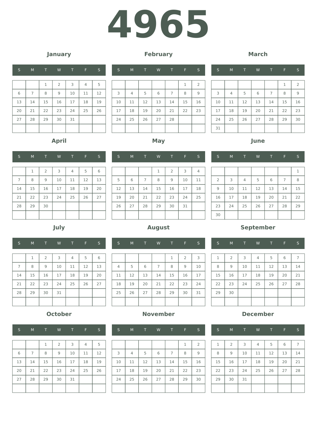 Printable 4965 Year Calendars feldgrau