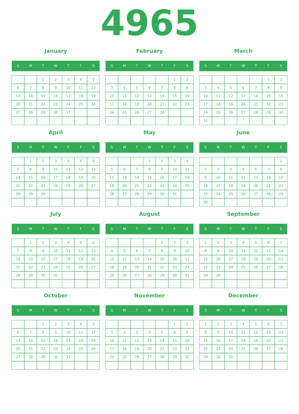 Printable 4965 Year Calendars green