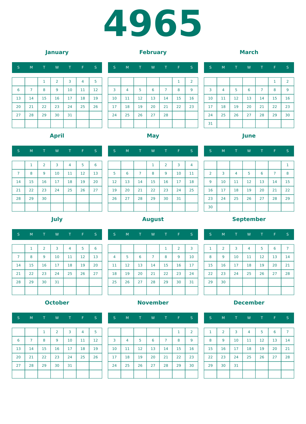 Printable 4965 Year Calendars pastel