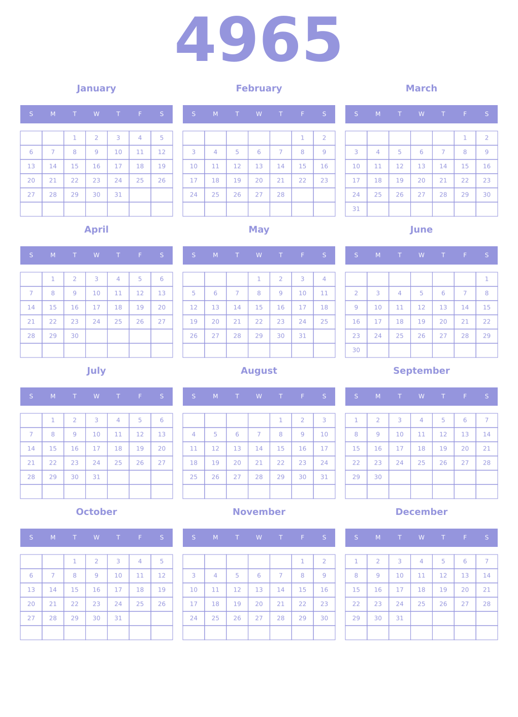 Printable 4965 Year Calendars periwinkle