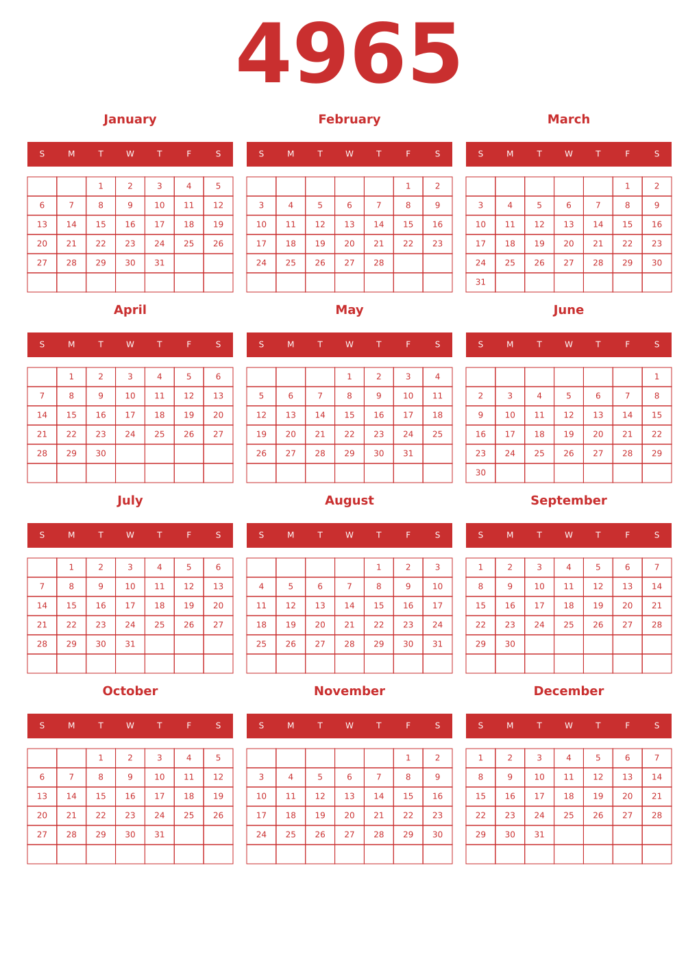 Printable 4965 Year Calendars red