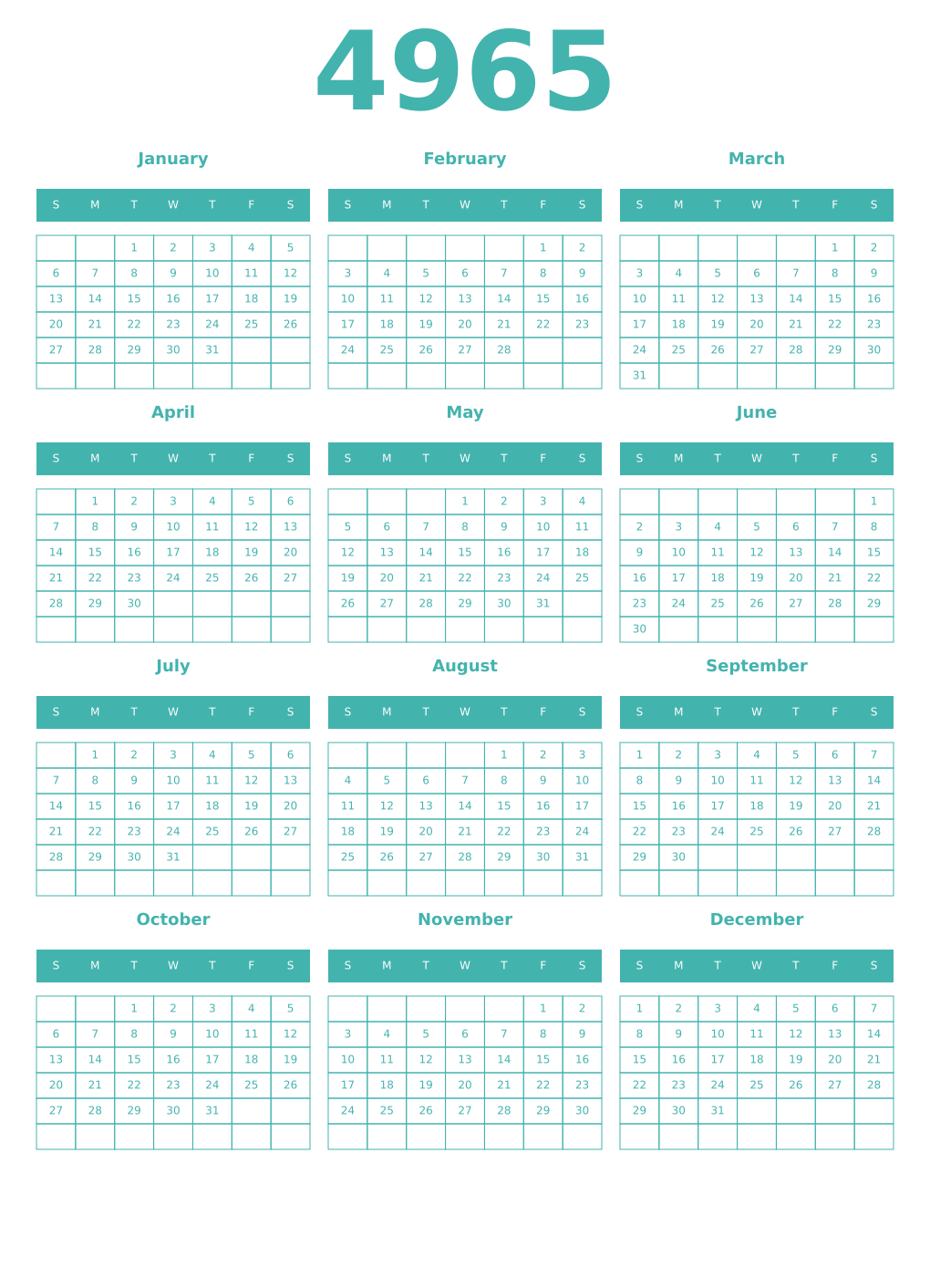 Printable 4965 Year Calendars verdigris