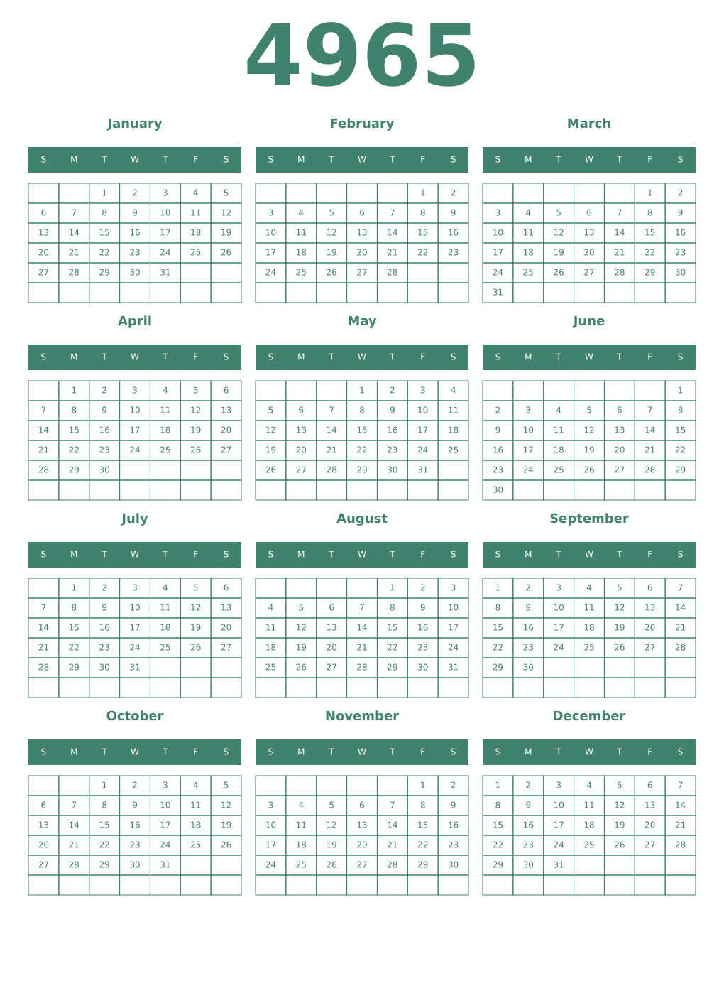 Printable 4965 Year Calendars viridian