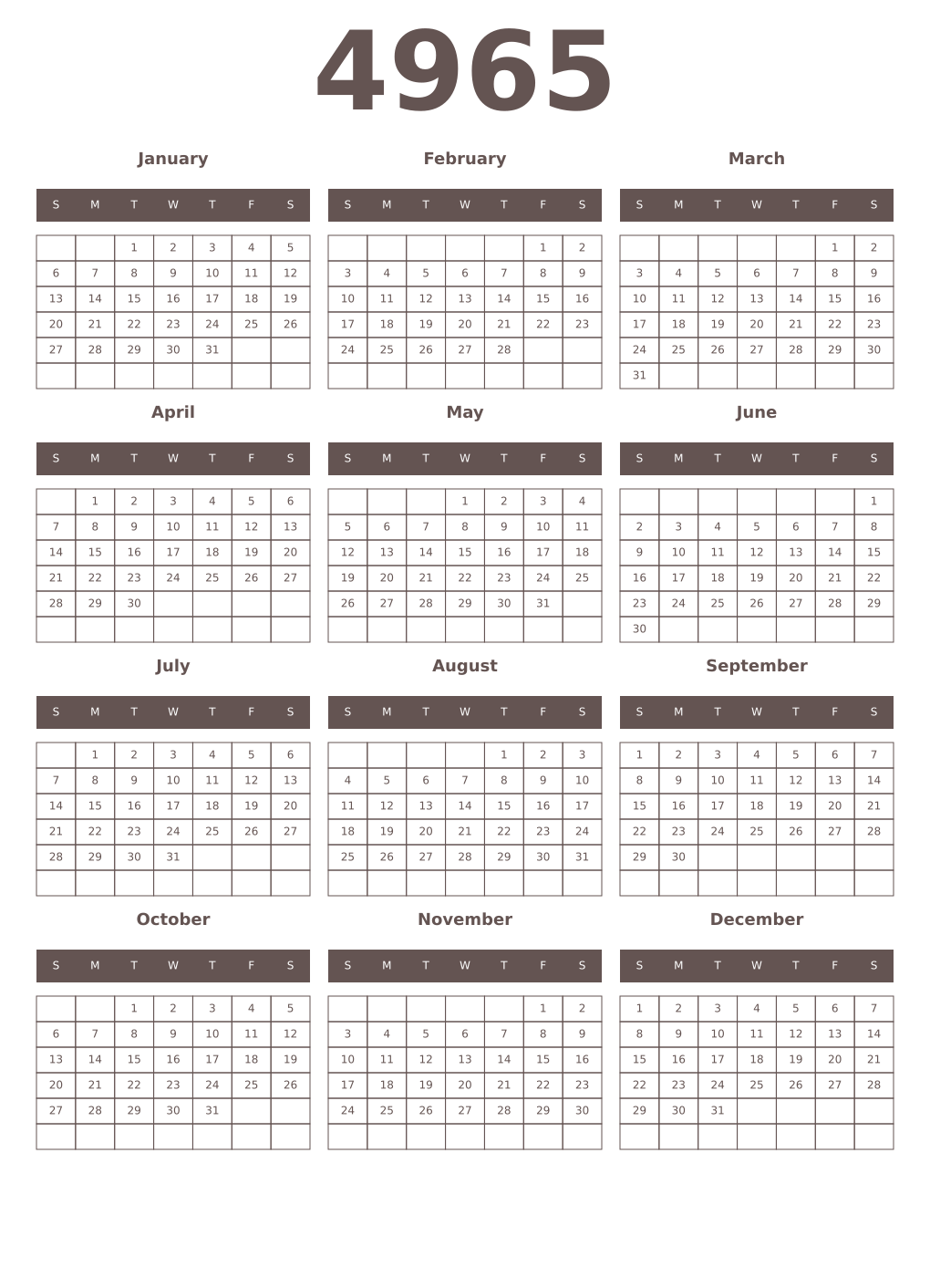 Printable 4965 Year Calendars wenge