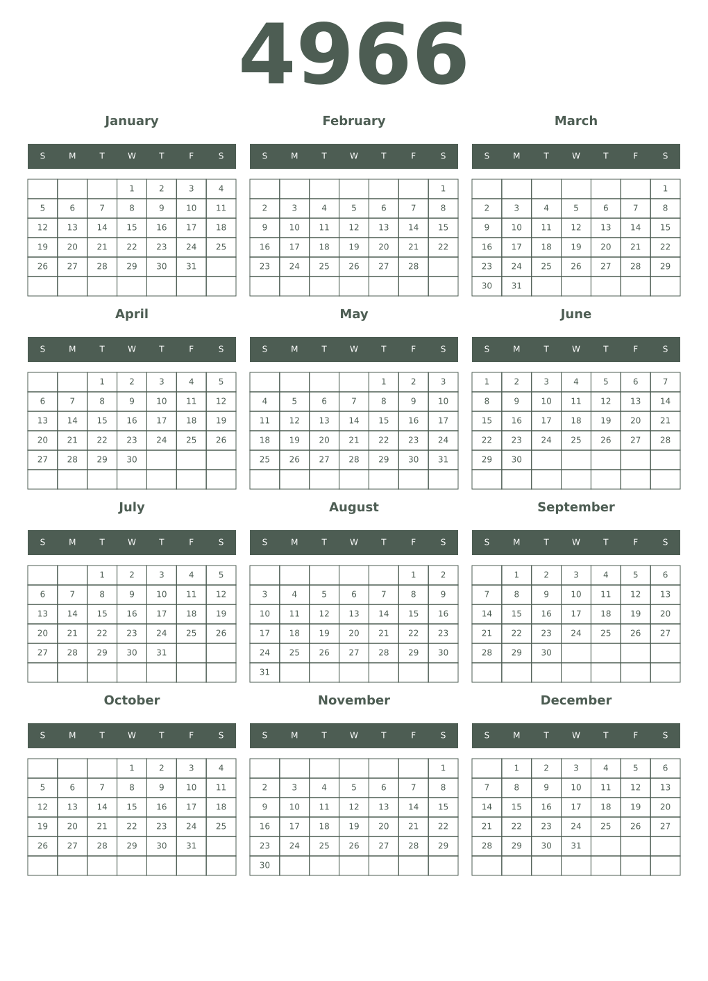 Printable 4966 Year Calendars feldgrau