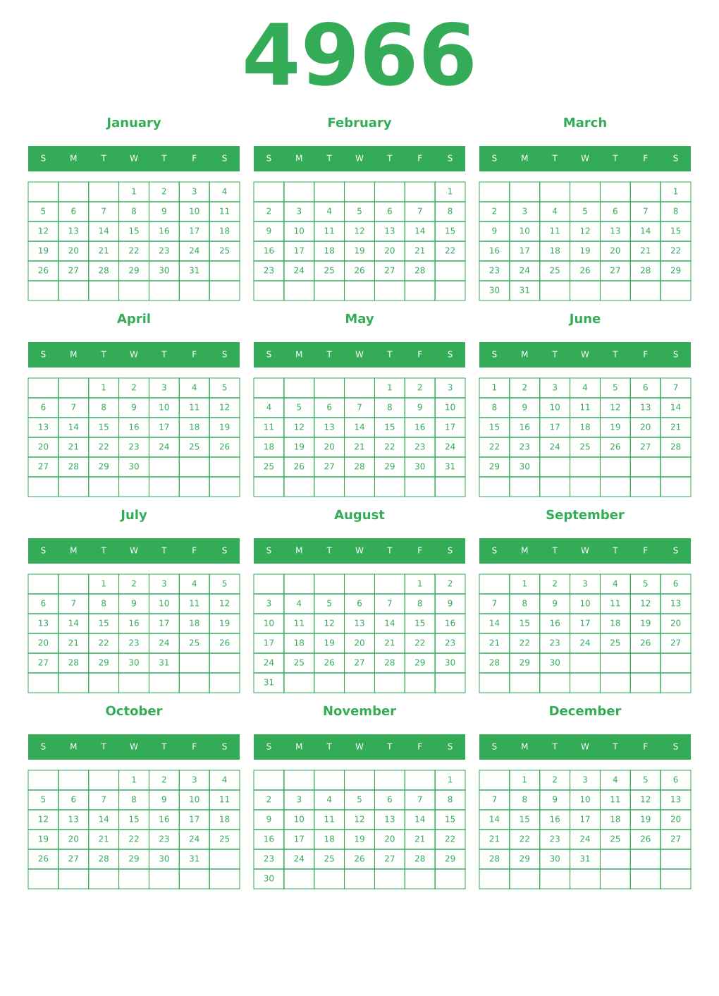 Printable 4966 Year Calendars green