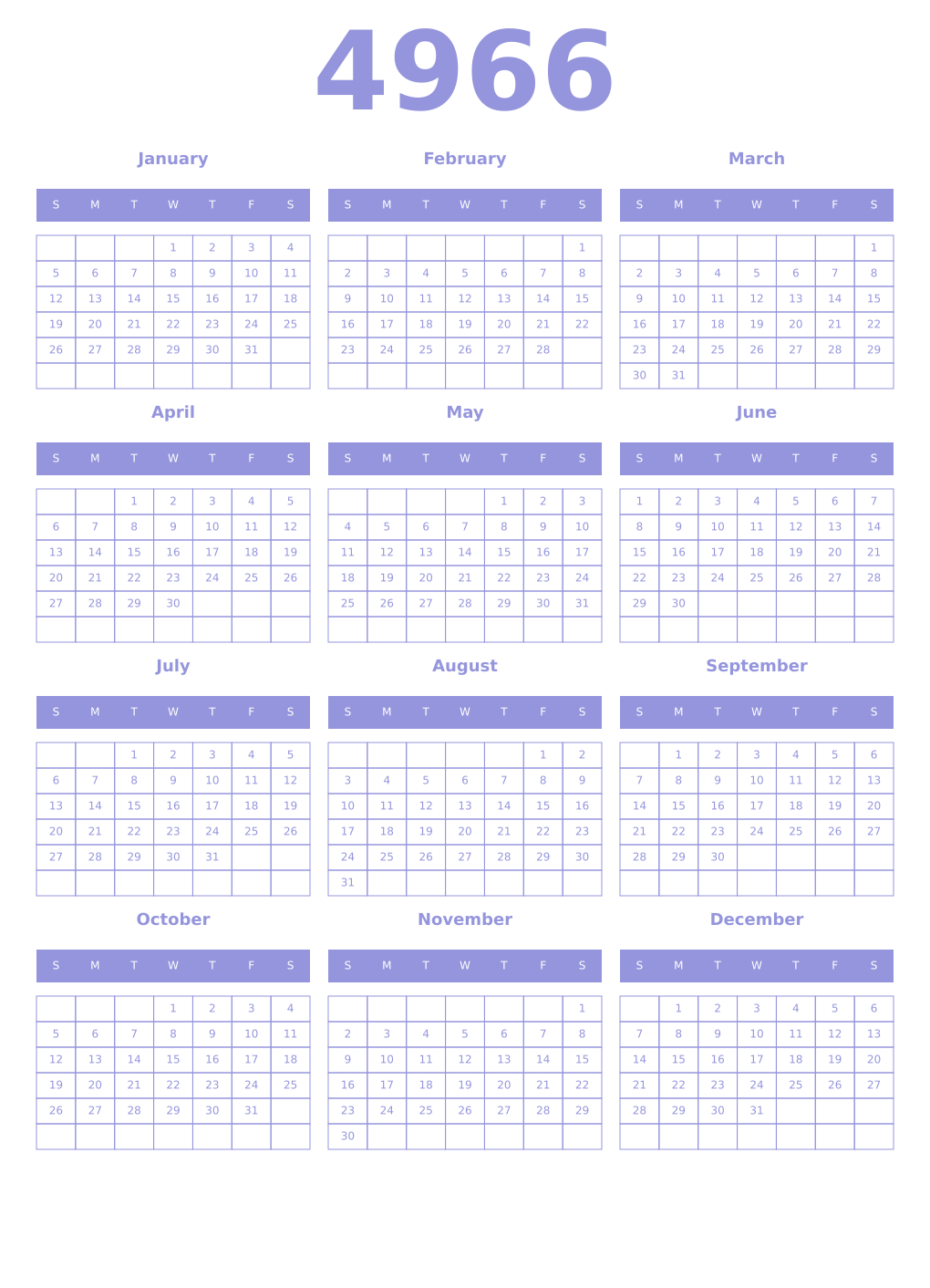 Printable 4966 Year Calendars periwinkle