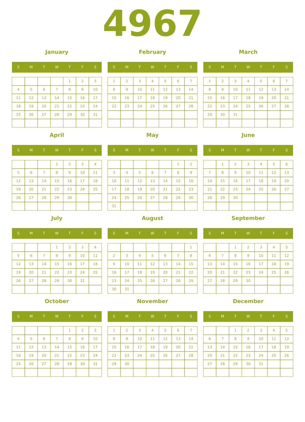 Printable 4967 Year Calendars chartreuse