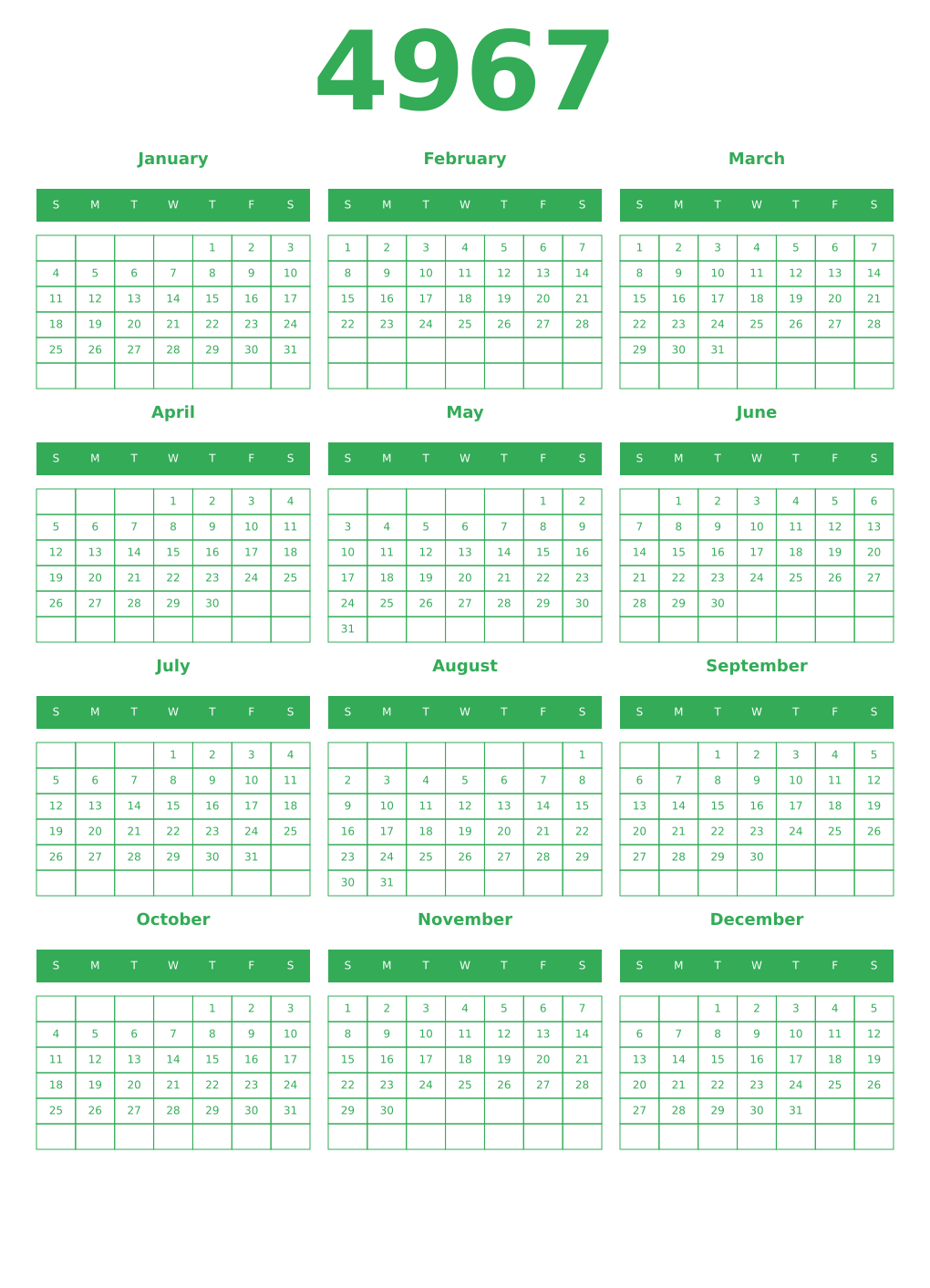 Printable 4967 Year Calendars green