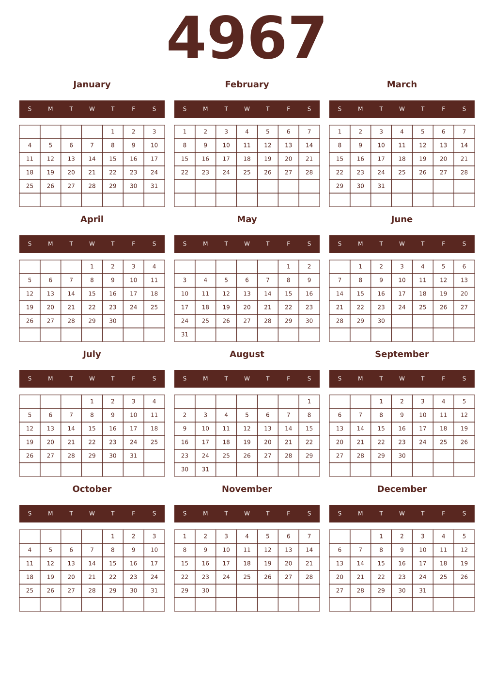 Printable 4967 Year Calendars mortuum