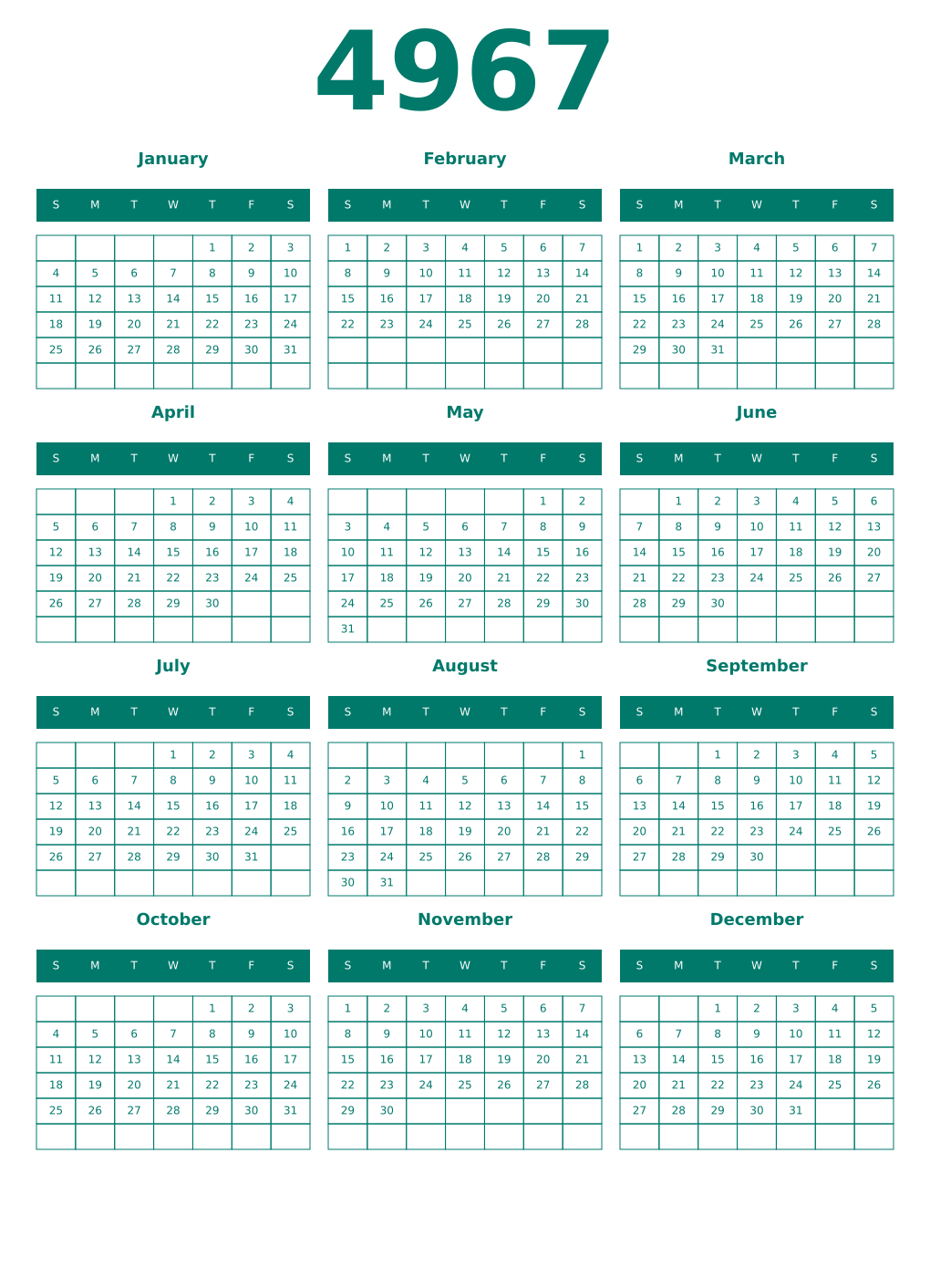 Printable 4967 Year Calendars pastel