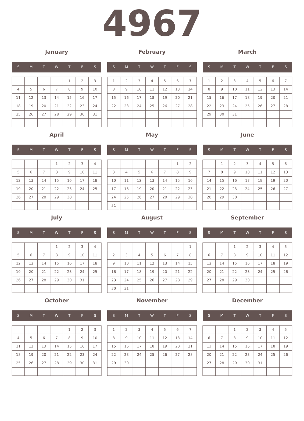 Printable 4967 Year Calendars wenge