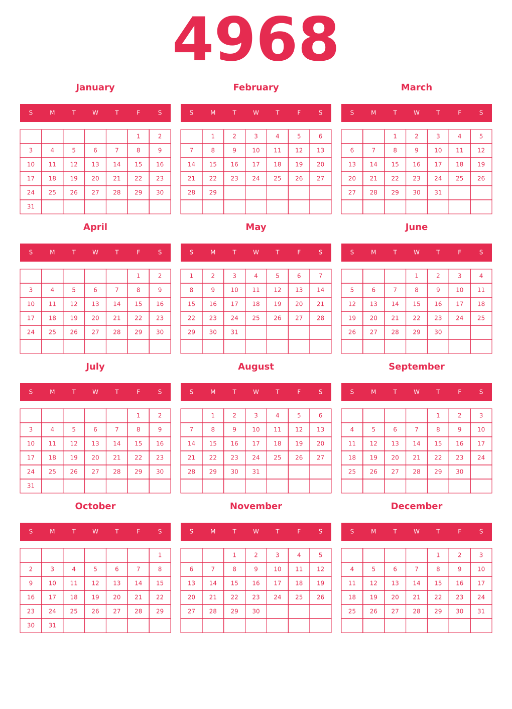 Printable 4968 Year Calendars amaranth