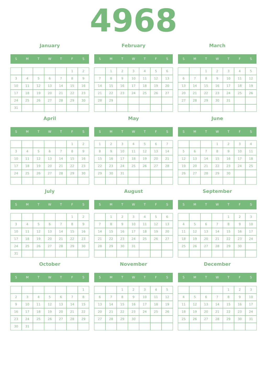 Printable 4968 Year Calendars celadon