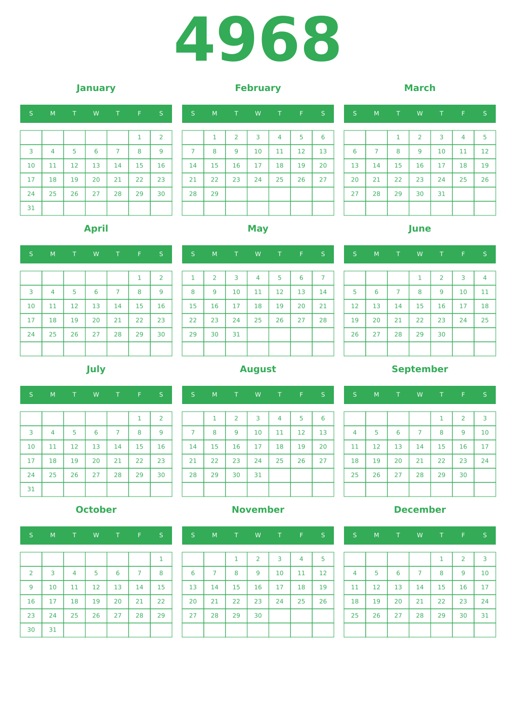 Printable 4968 Year Calendars green