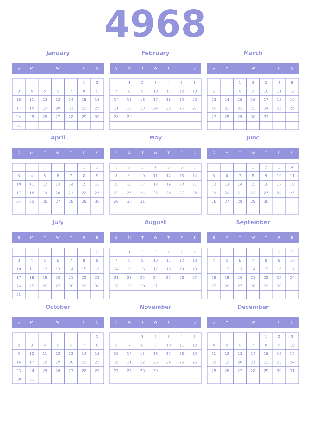 Printable 4968 Year Calendars periwinkle