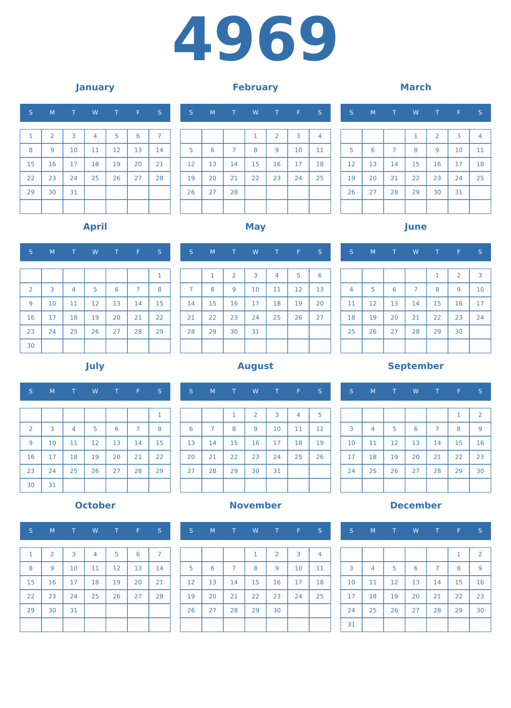 Printable 4969 Year Calendars blue