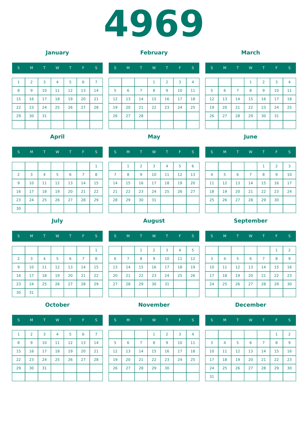 Printable 4969 Year Calendars pastel