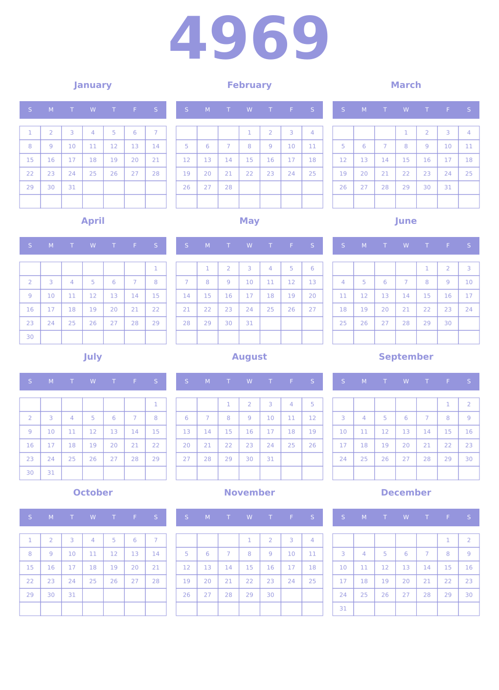 Printable 4969 Year Calendars periwinkle