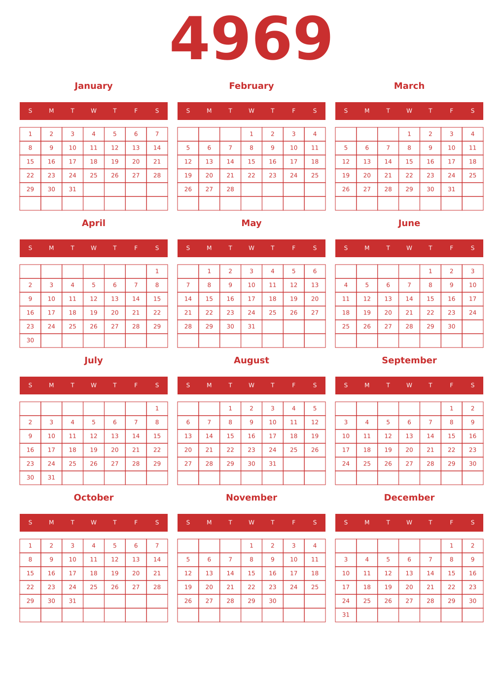 Printable 4969 Year Calendars red