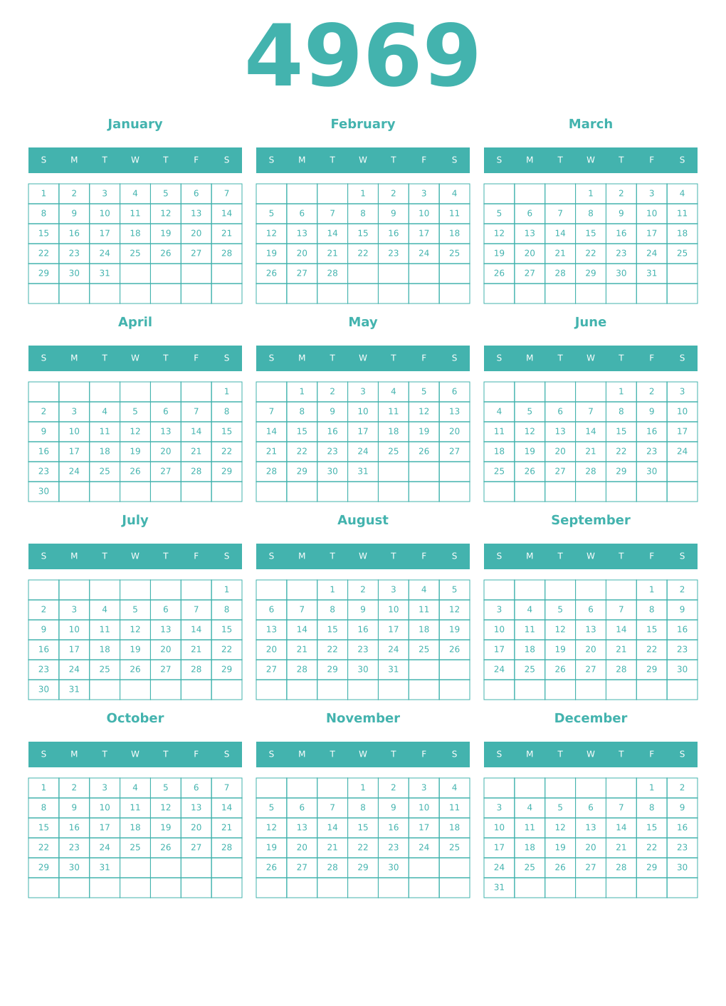 Printable 4969 Year Calendars verdigris