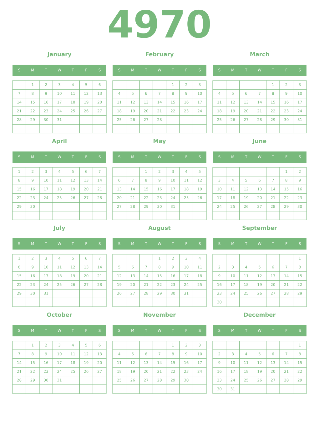 Printable 4970 Year Calendars celadon