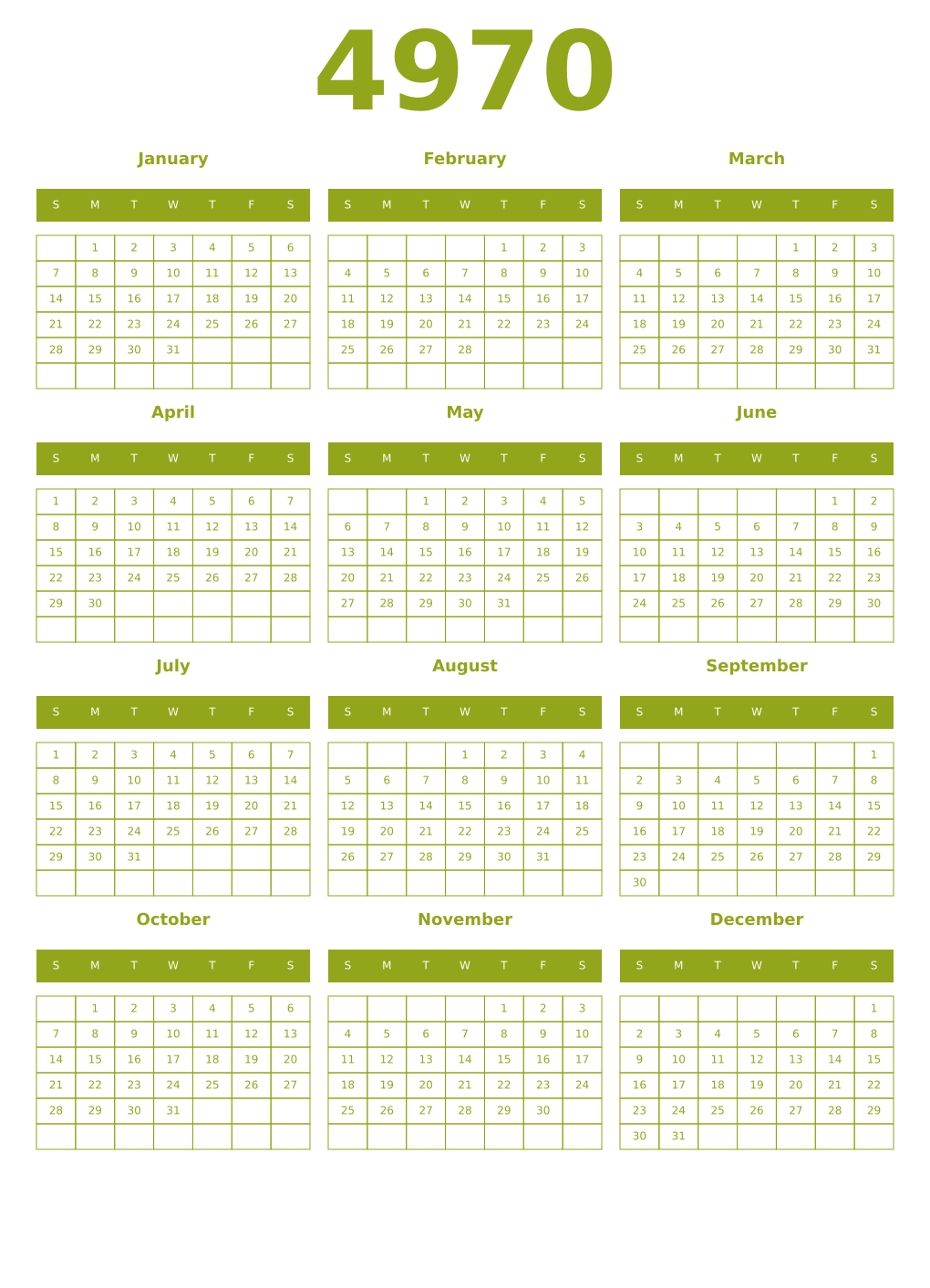 Printable 4970 Year Calendars chartreuse