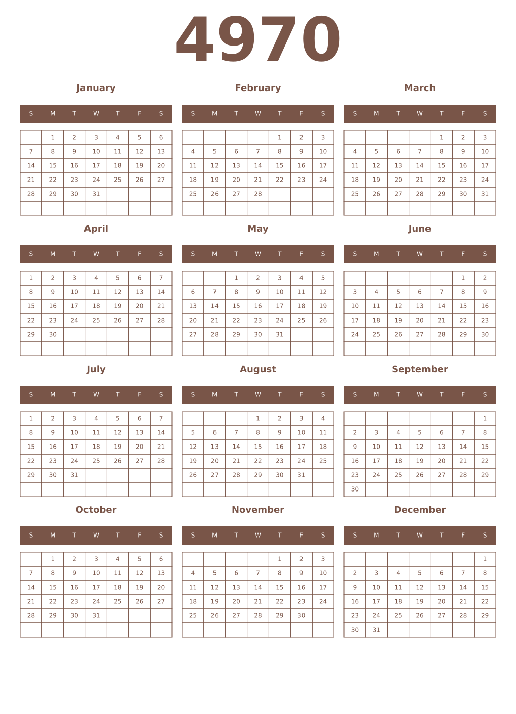 Printable 4970 Year Calendars coffe