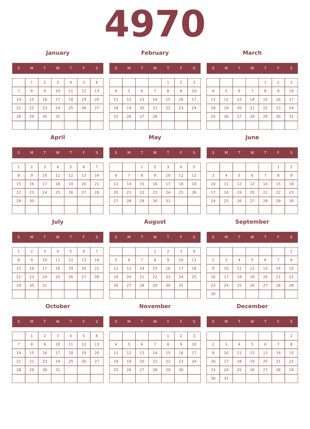 Printable 4970 Year Calendars cordovan