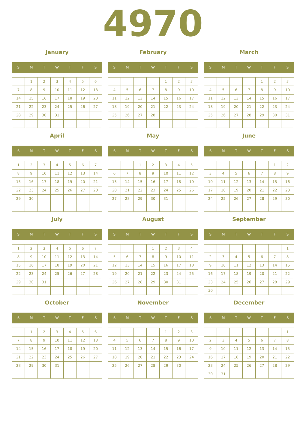 Printable 4970 Year Calendars eburnean
