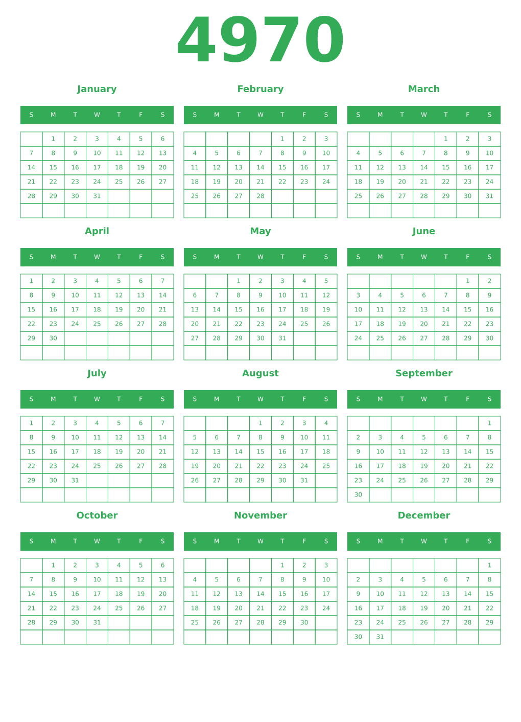Printable 4970 Year Calendars green
