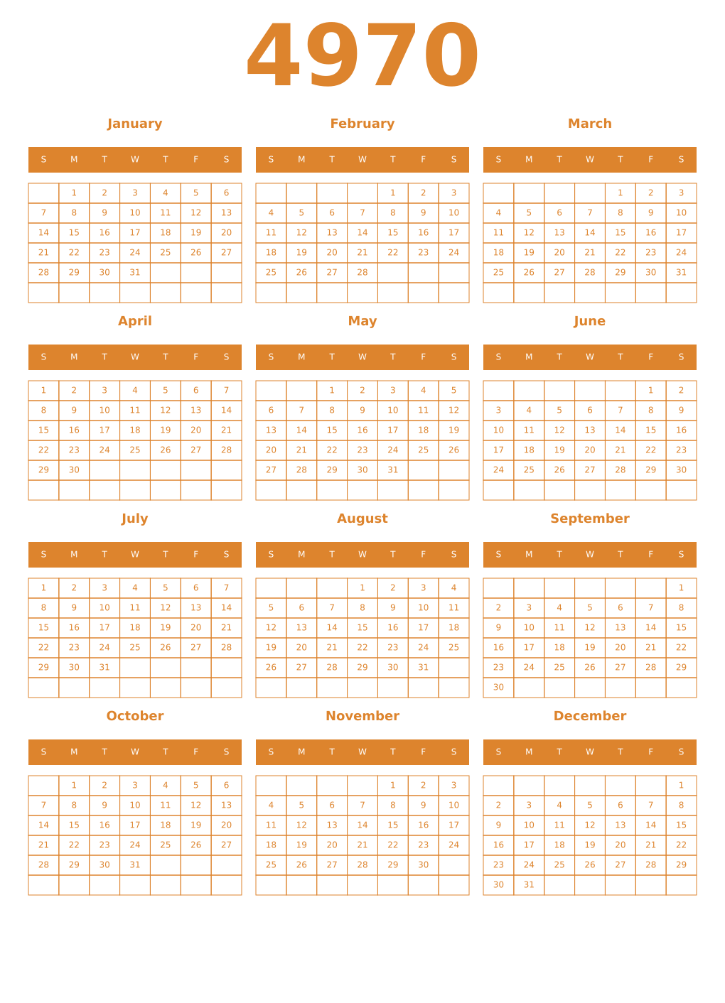 Printable 4970 Year Calendars orange