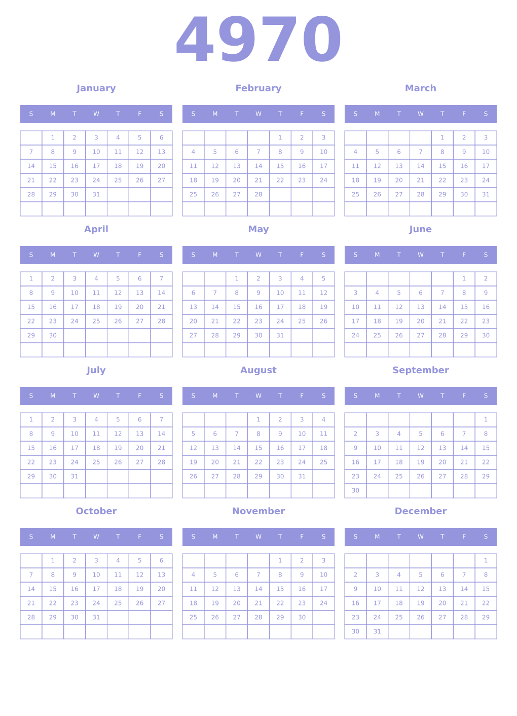 Printable 4970 Year Calendars periwinkle