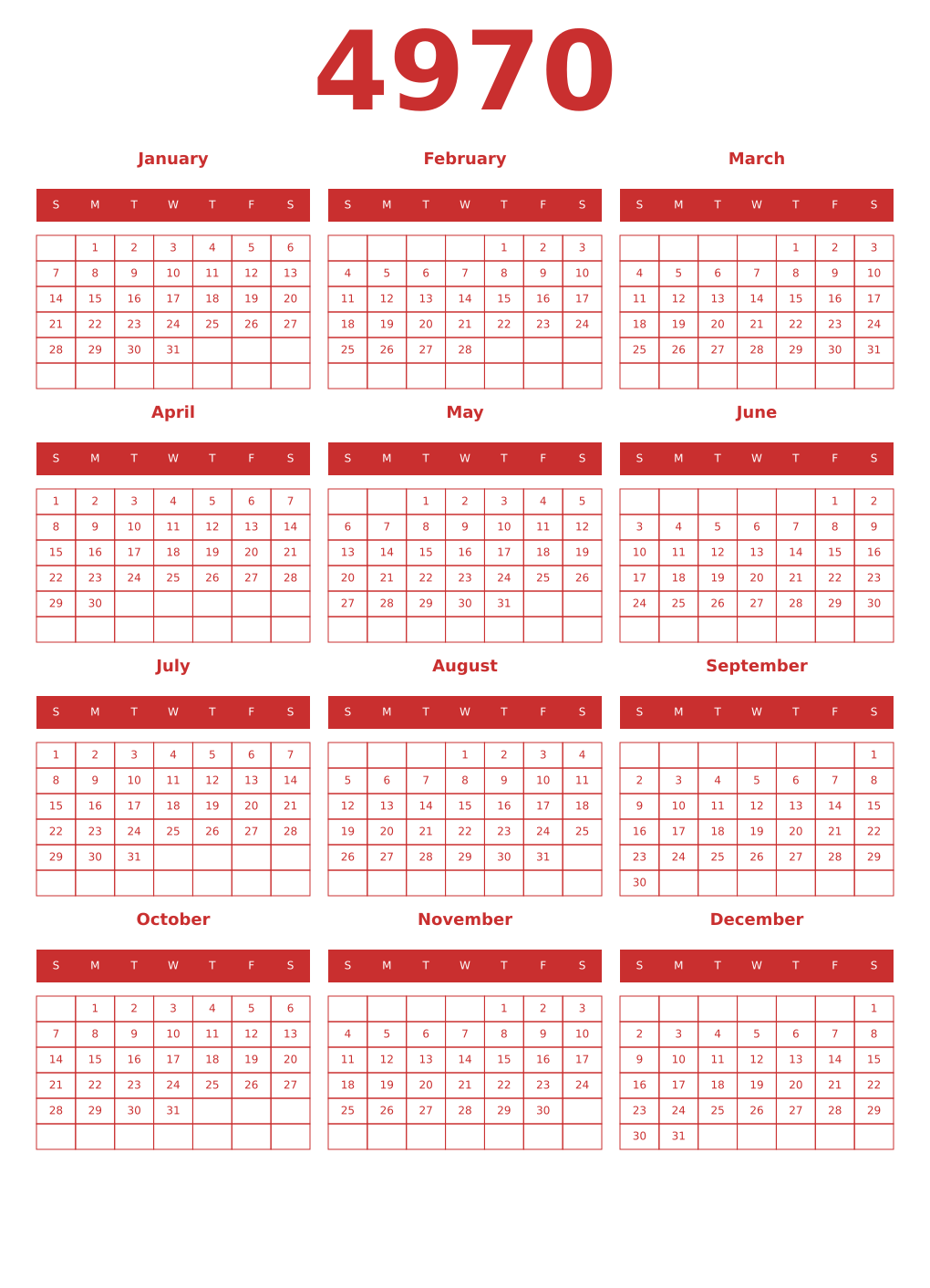 Printable 4970 Year Calendars red