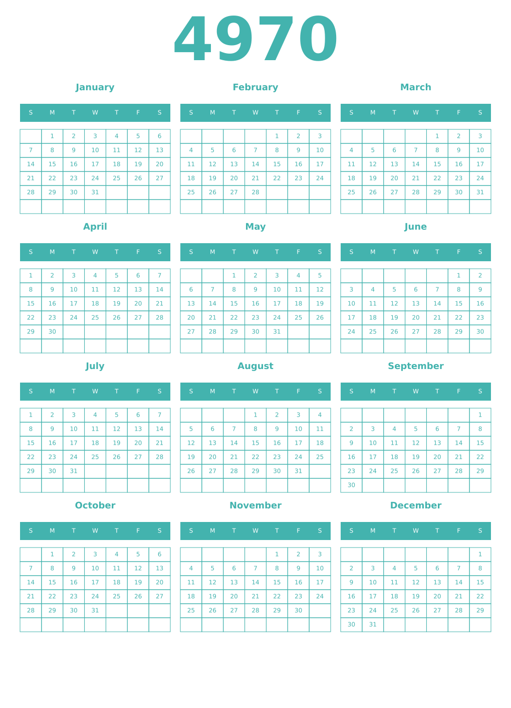 Printable 4970 Year Calendars verdigris
