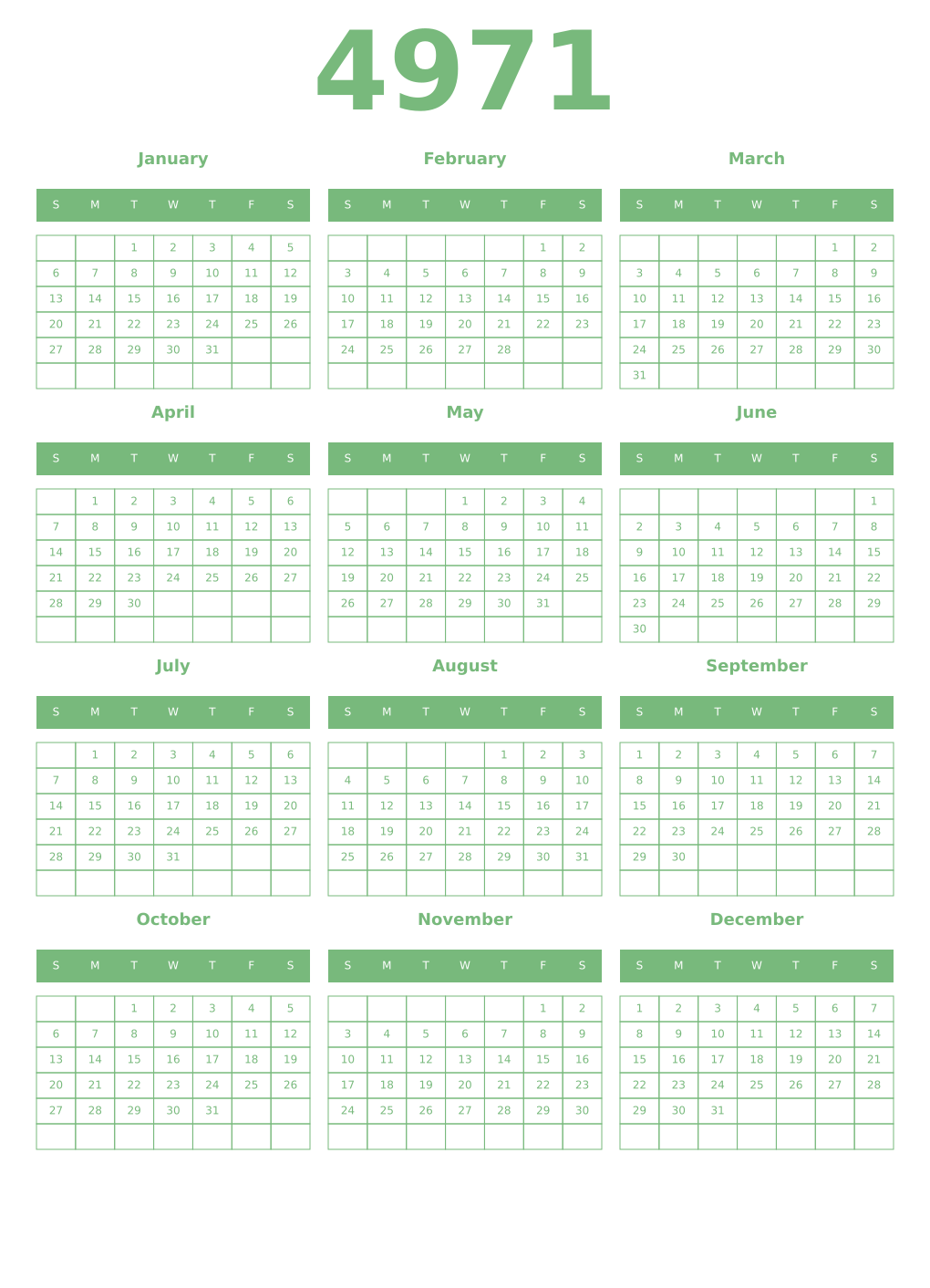 Printable 4971 Year Calendars celadon