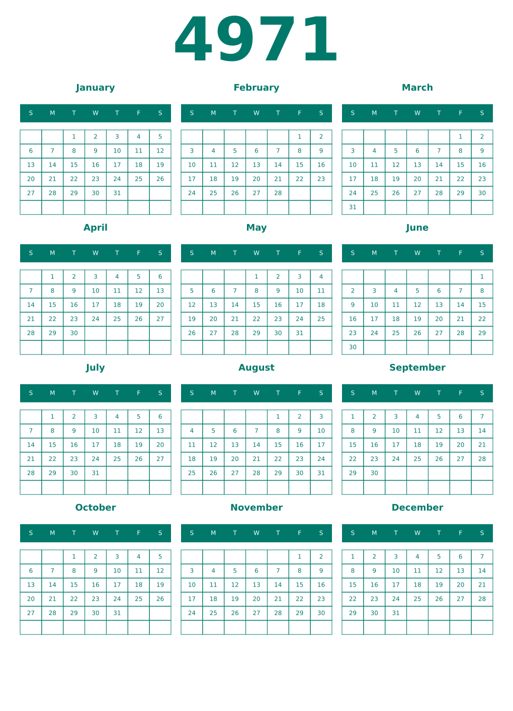 Printable 4971 Year Calendars pastel