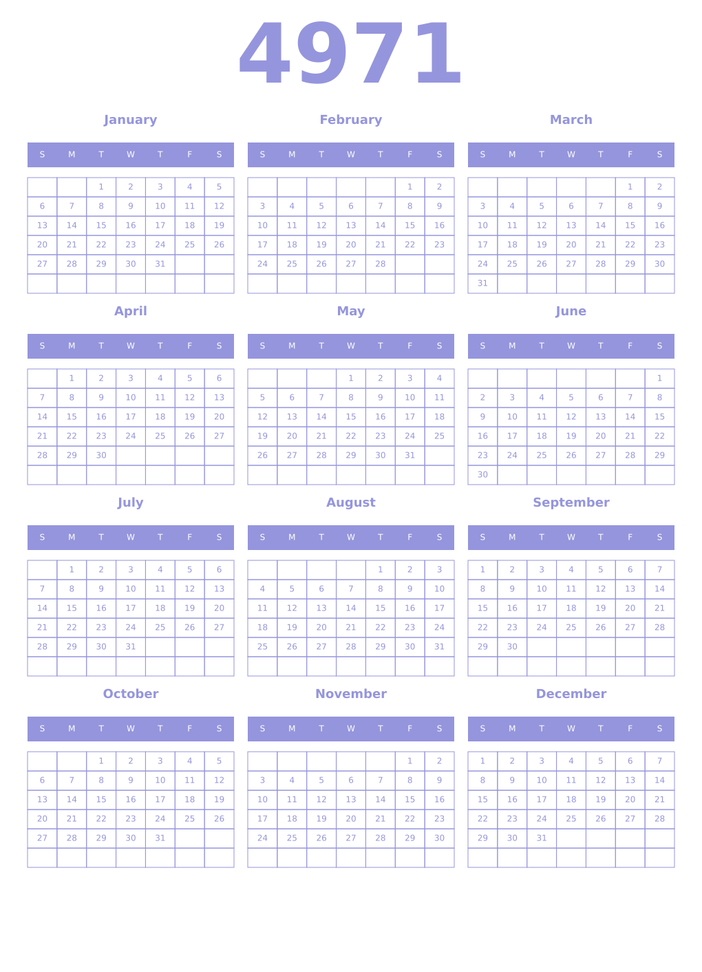 Printable 4971 Year Calendars periwinkle