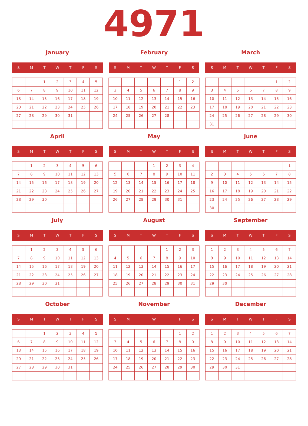 Printable 4971 Year Calendars red