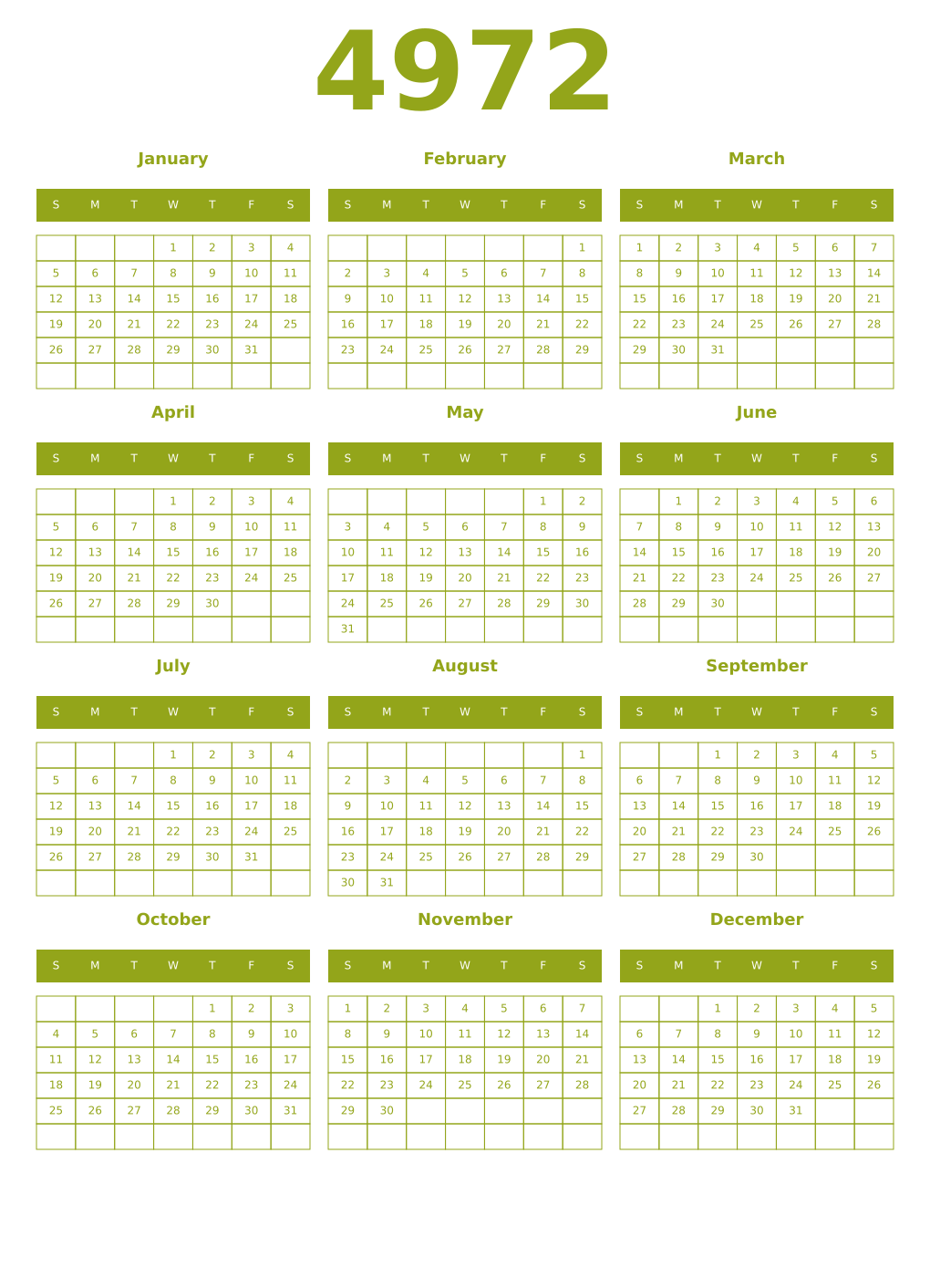Printable 4972 Year Calendars chartreuse